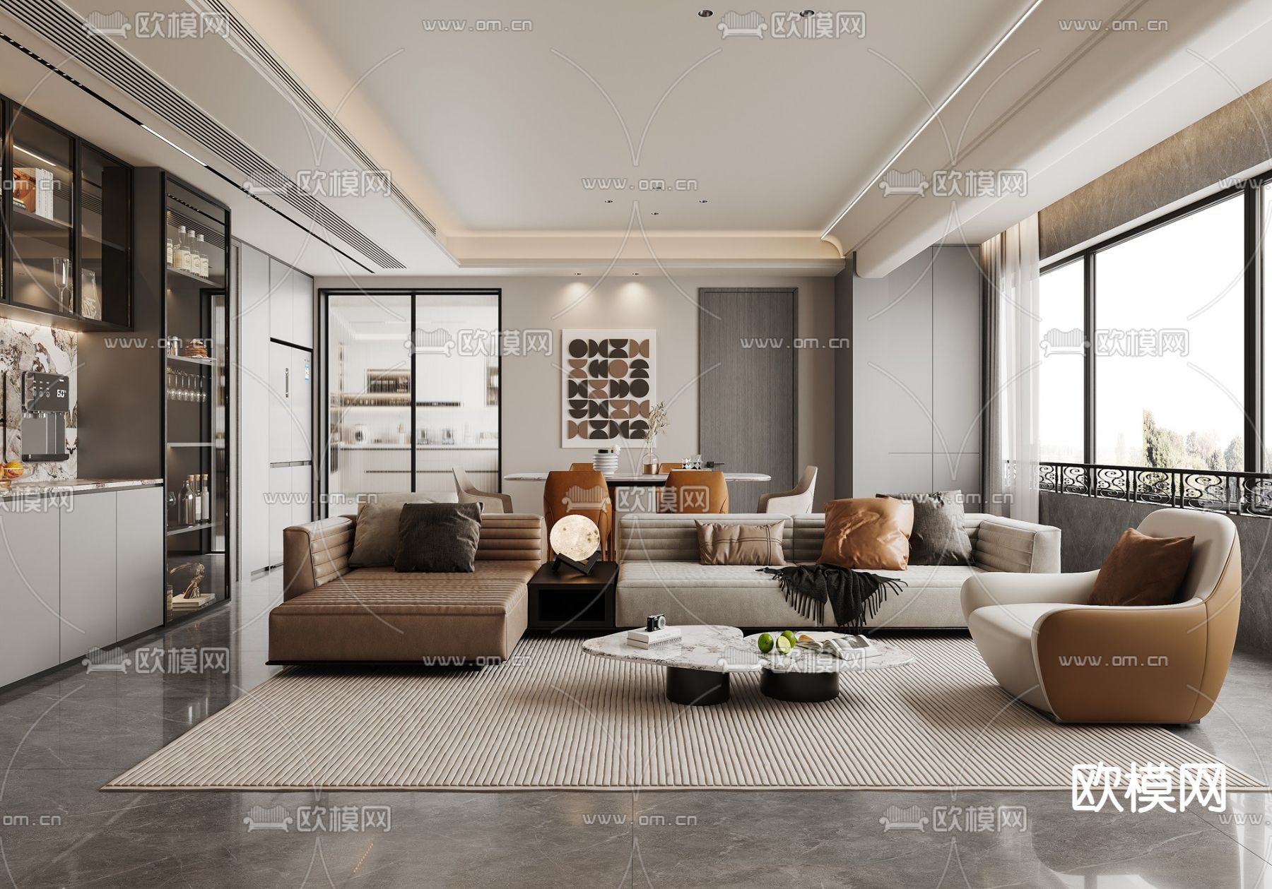 现代客厅 餐厅3d模型下载（渲染图1）