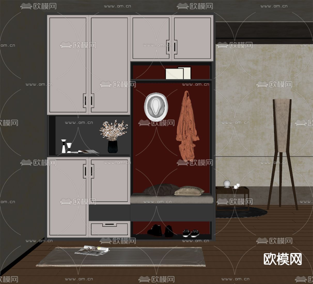 新中式玄关鞋柜su模型下载（渲染图1）