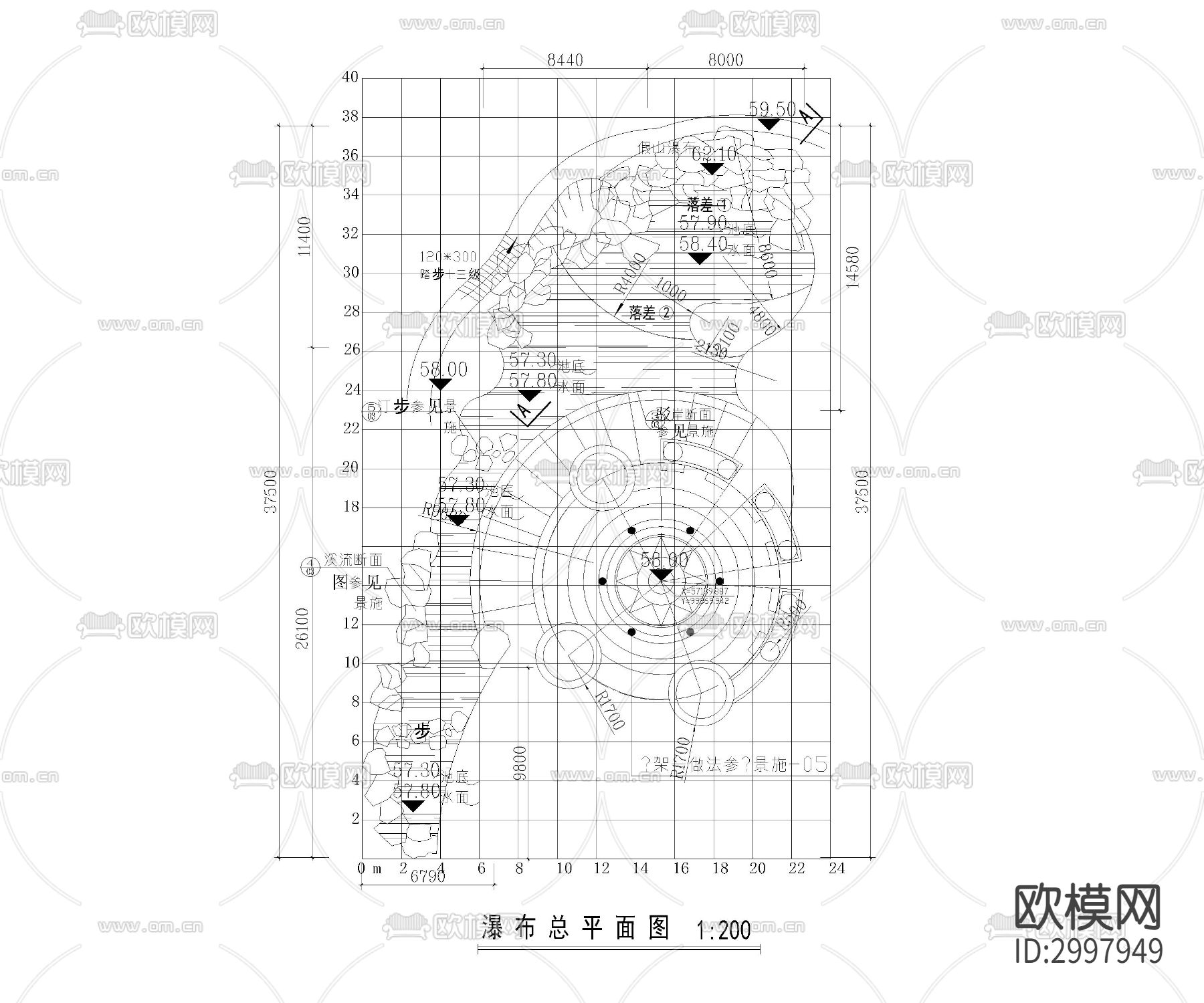 假山瀑布cad平面立面图库下载（渲染图2）