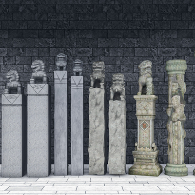  中式拴马柱 拴马桩 石狮子su模型 