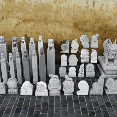  中式拴马柱 拴马桩 石狮子柱子su模型 