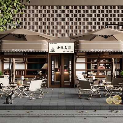  咖啡厅外摆 折叠桌椅 遮阳伞su模型 