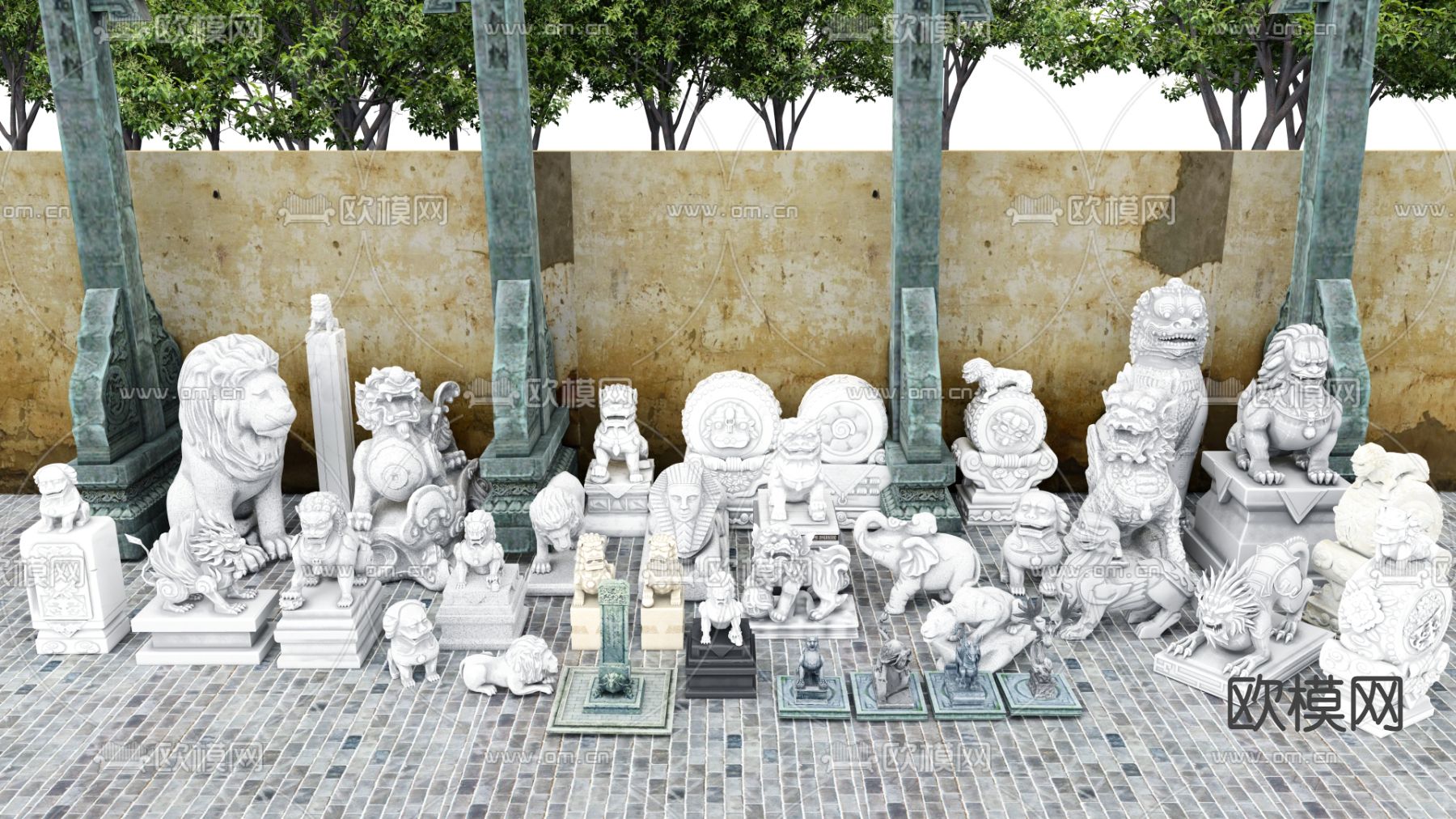 中式拴马柱 拴马桩 石狮子su模型下载（渲染图2）