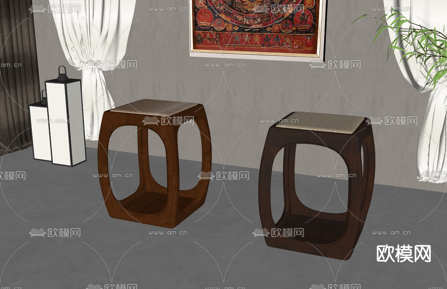 新中式凳子su模型下载（渲染图1）