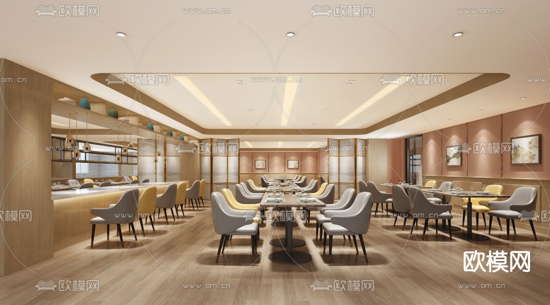 现代食堂 员工餐厅su模型下载（渲染图1）