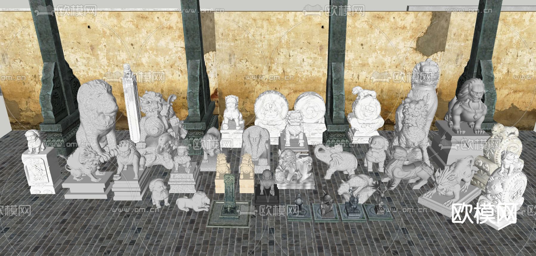 中式拴马柱 拴马桩 石狮子su模型下载（渲染图1）