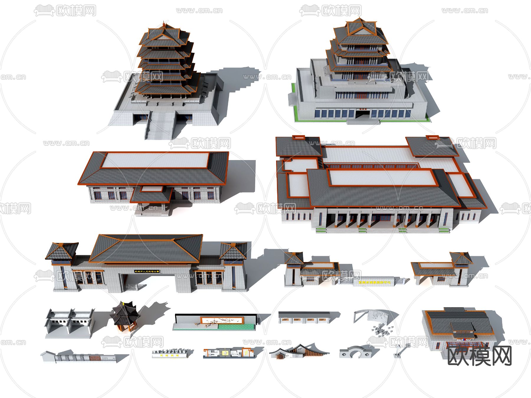 古建塔楼 景墙大门3d模型下载
