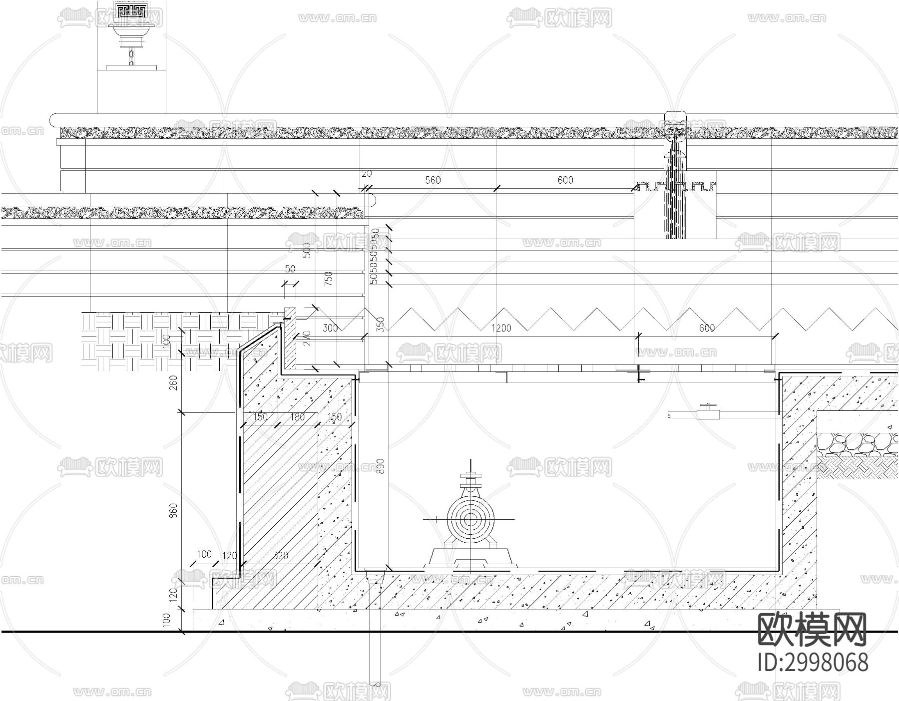 中轴水景墙院 水景cad剖面图下载（渲染图3）