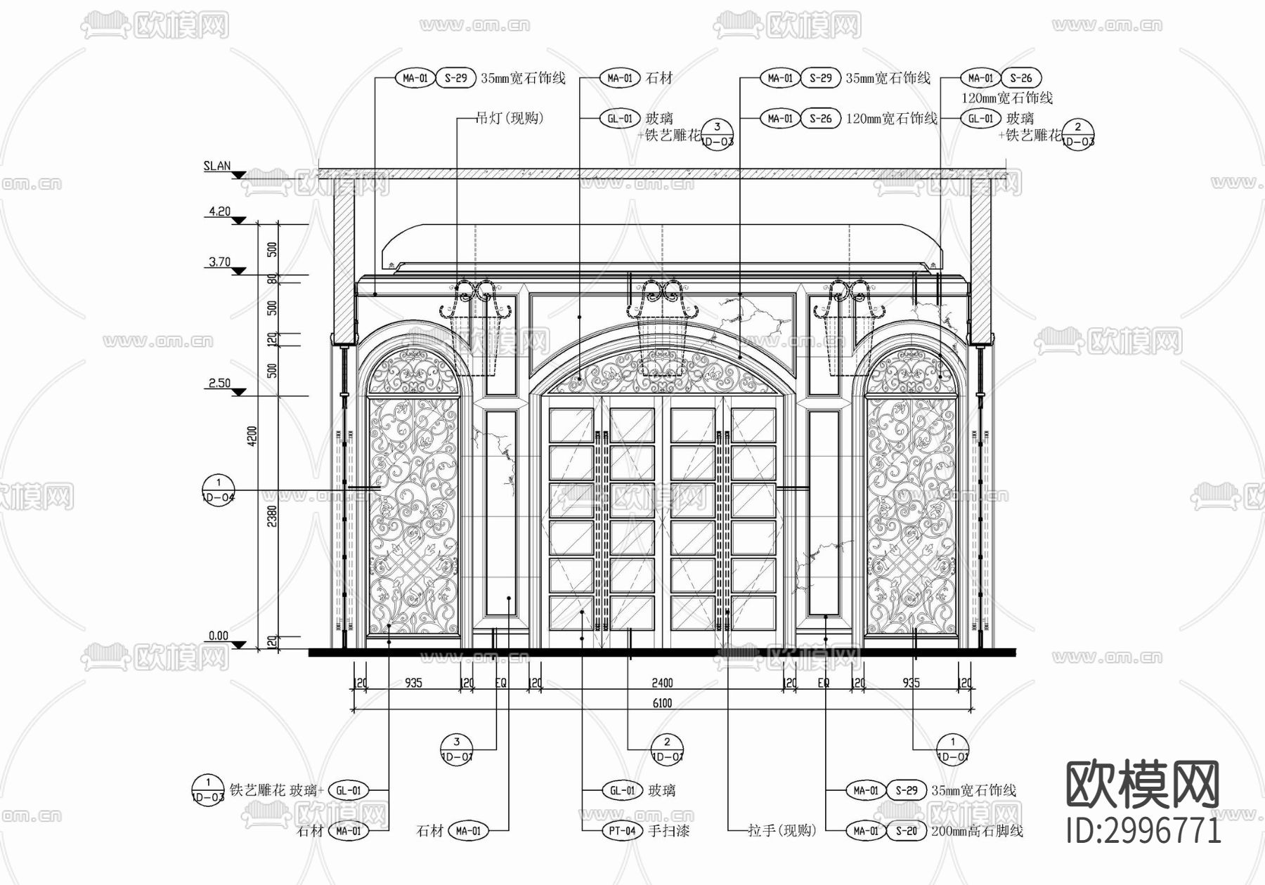 别墅入口处大门门厅 入户大门 欧式雕花 石材门cad大样图下载（渲染图3）