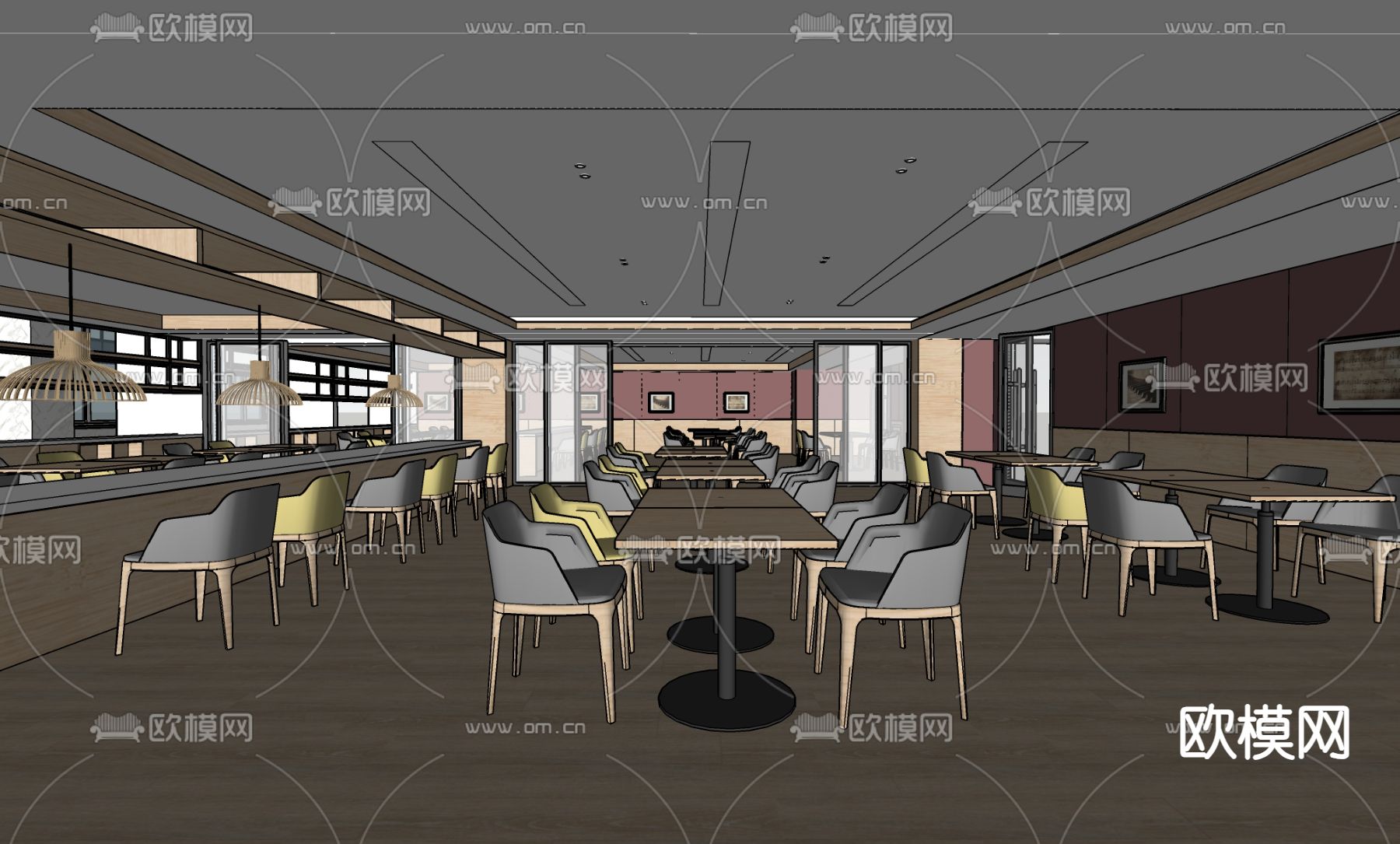 现代食堂 员工餐厅su模型下载（渲染图2）