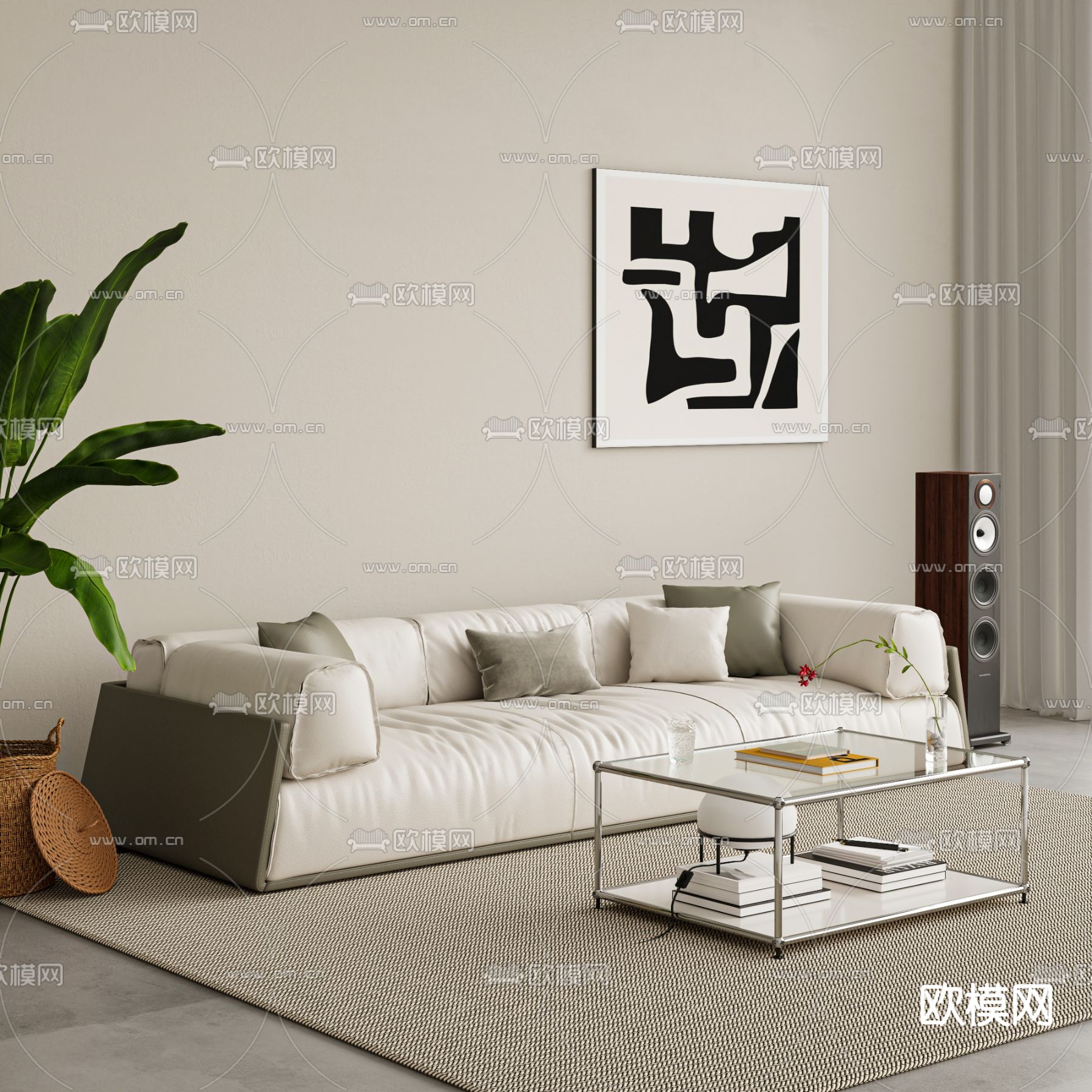 奶油风沙发 多人沙发3d模型下载