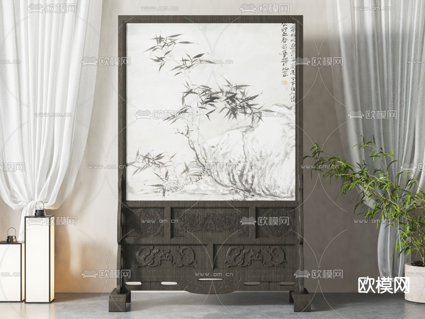 新中式隔断 屏风su模型下载（渲染图2）