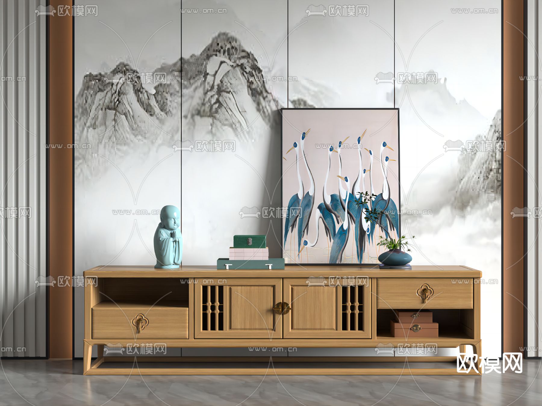 新中式电视柜3d模型下载