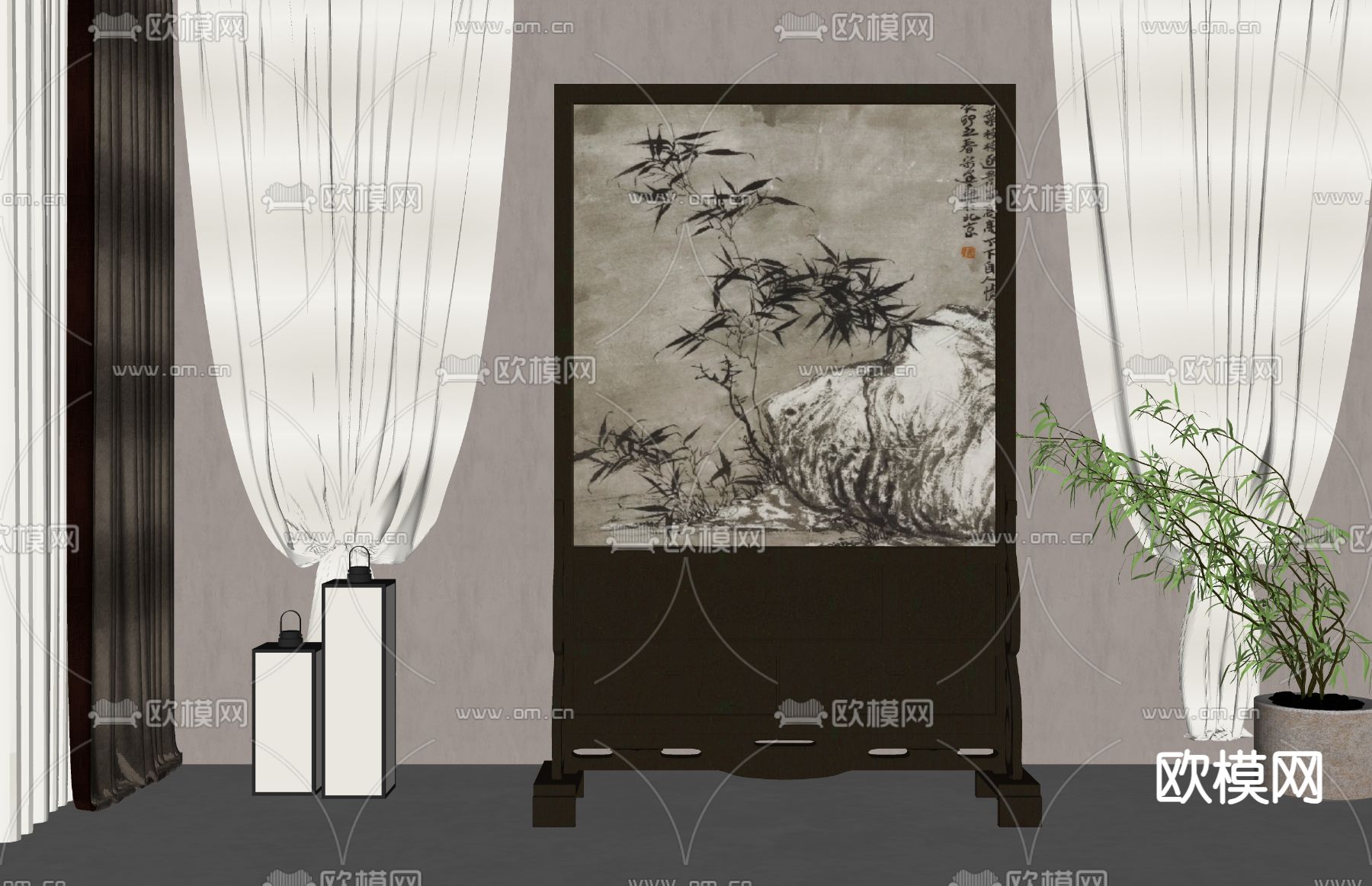 新中式隔断 屏风su模型下载（渲染图1）