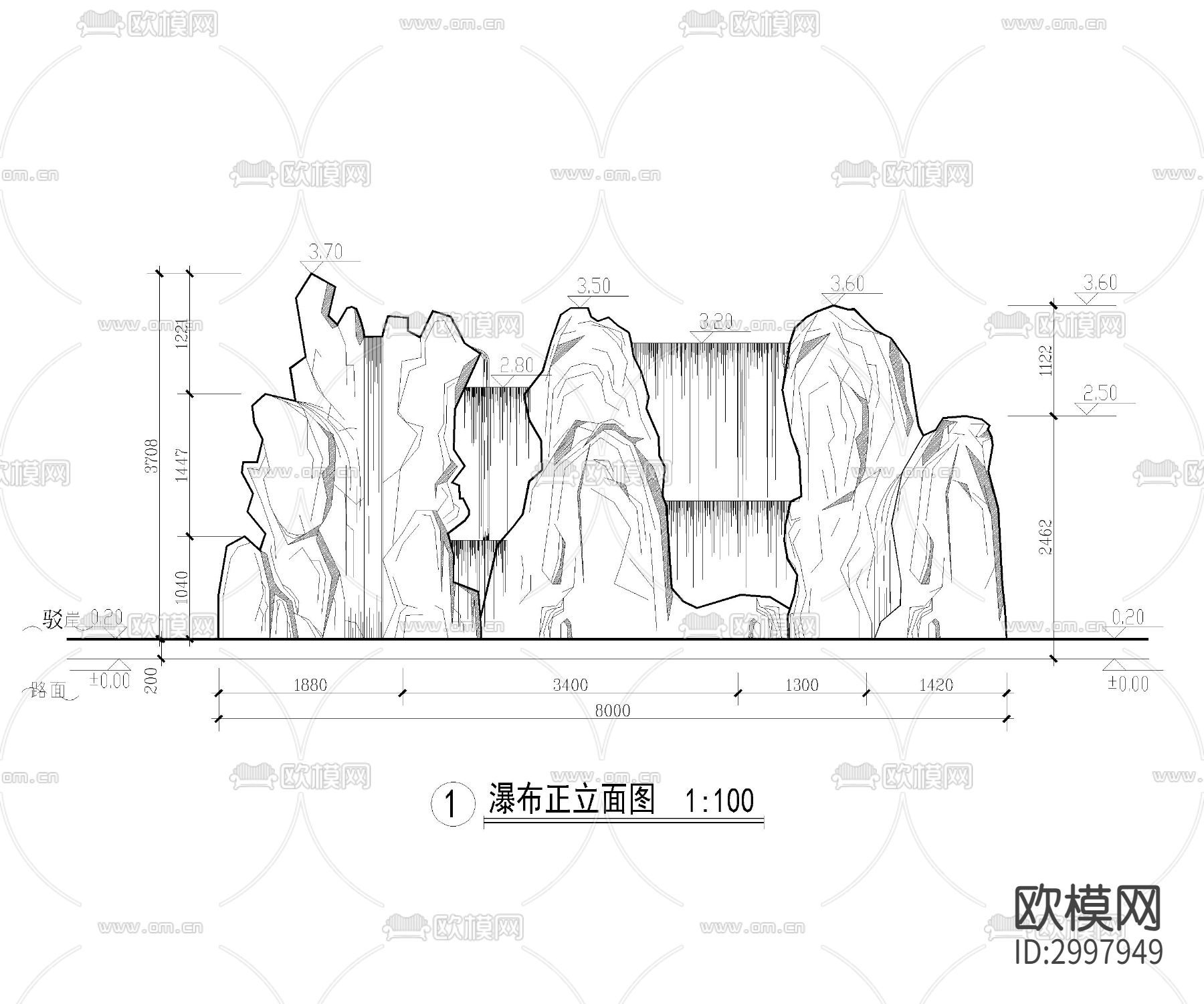 假山瀑布cad平面立面图库下载（渲染图4）
