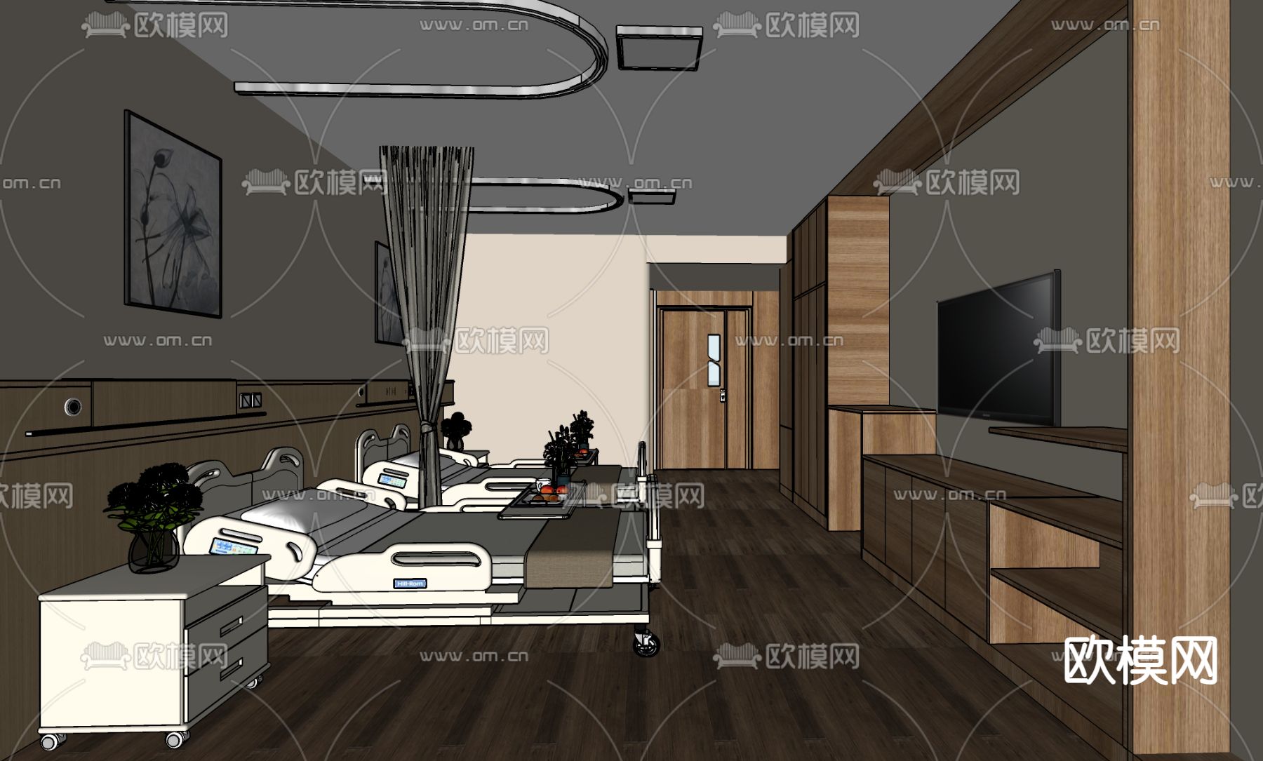 现代医院病房su模型下载（渲染图1）