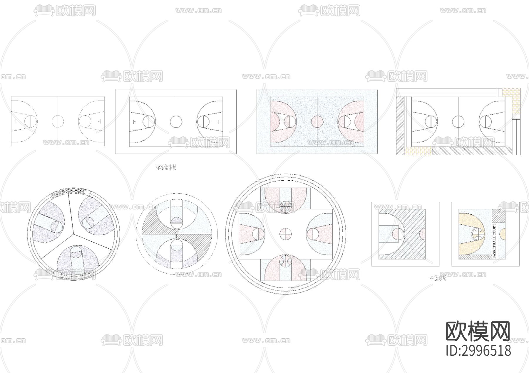 篮球场等运动场地cad图库下载（渲染图1）
