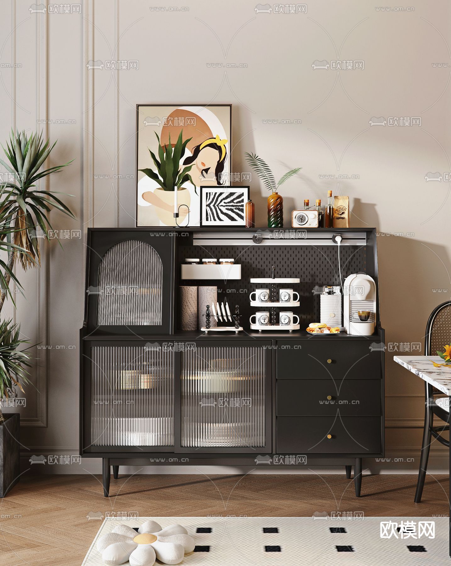 法式餐边柜 茶水柜3d模型下载（渲染图1）