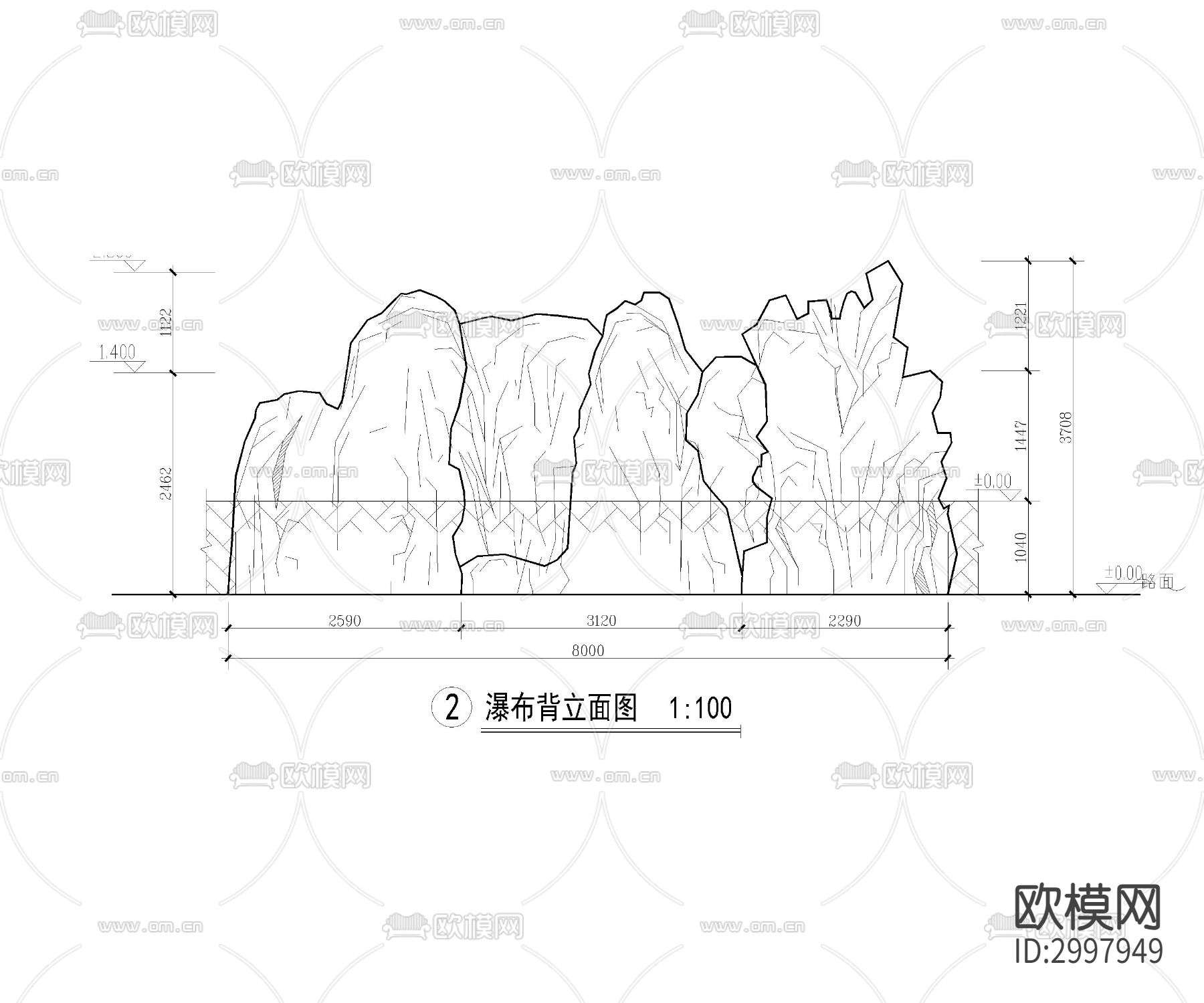假山瀑布cad平面立面图库下载（渲染图1）