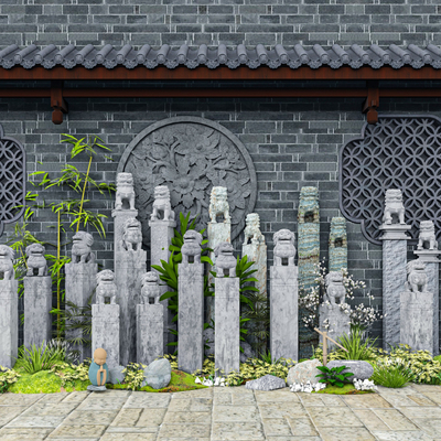  中式拴马柱 拴马桩 石狮子su模型 