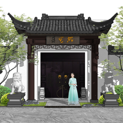 新中式庭院大门su模型