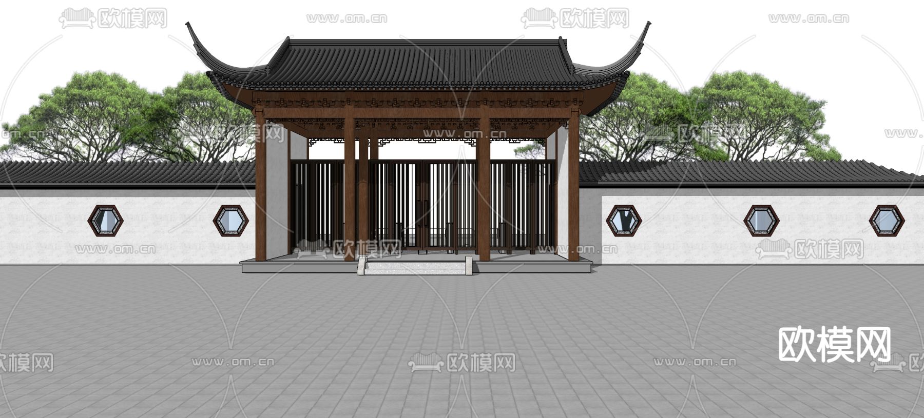 中式院门门头 庭院大门su模型下载（渲染图1）