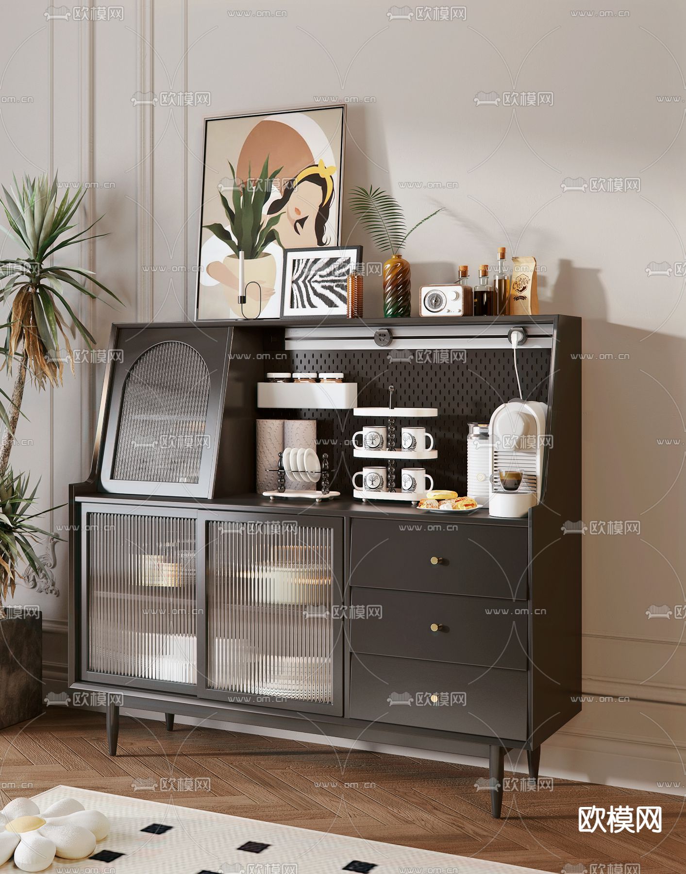 法式餐边柜 茶水柜3d模型下载（渲染图2）
