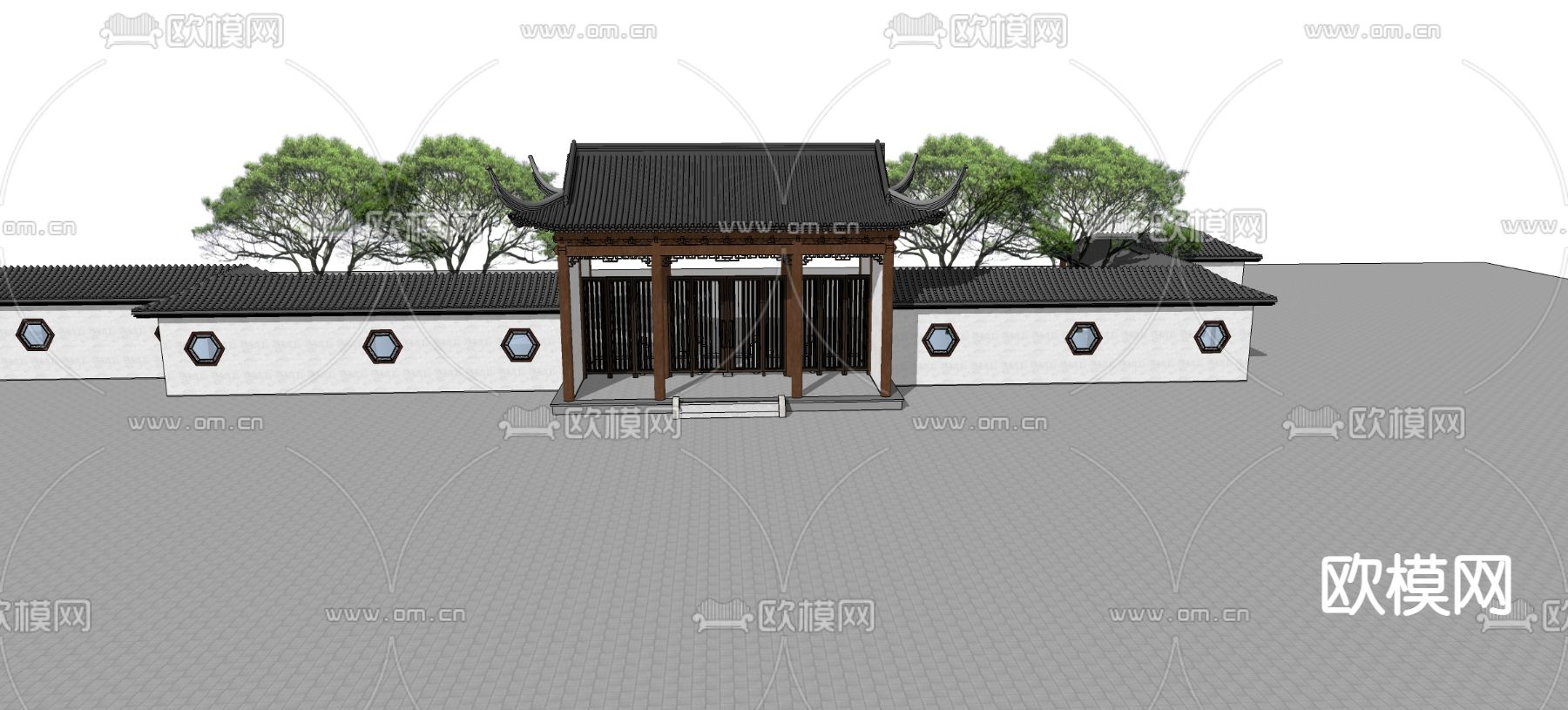 中式院门门头 庭院大门su模型下载（渲染图2）