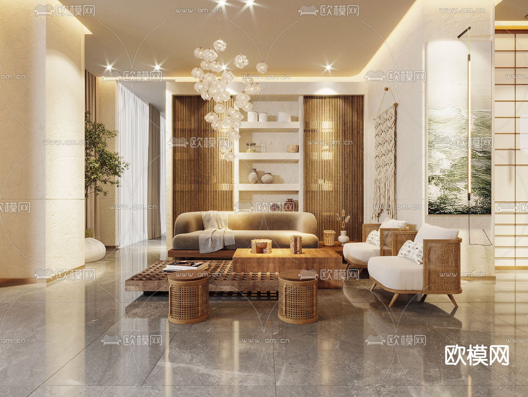 侘寂酒店大堂3d模型下载（渲染图2）