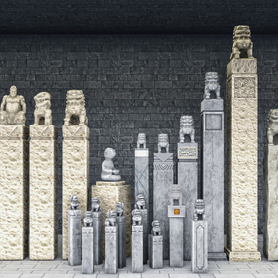  中式拴马柱 拴马桩 石狮子su模型 