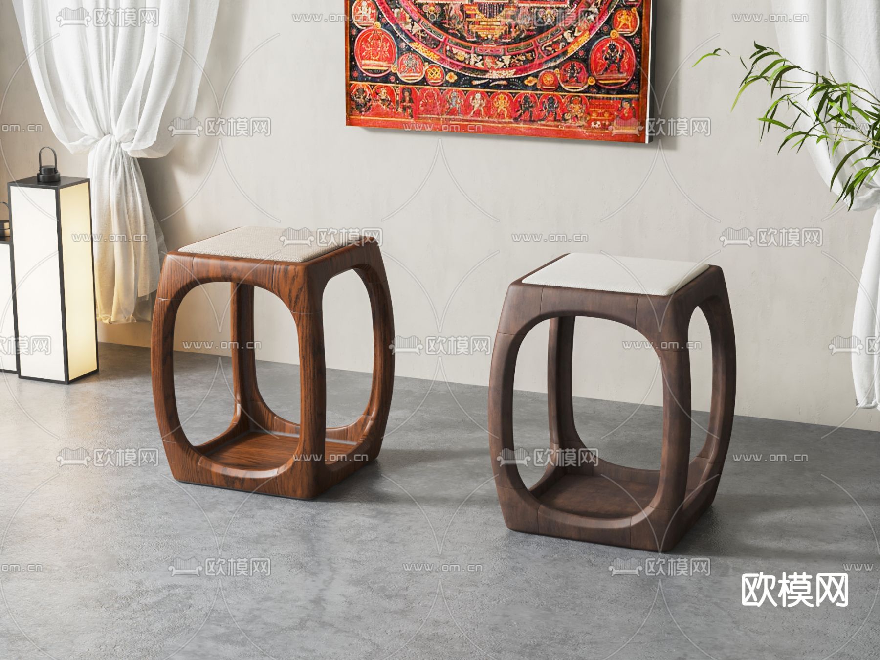 新中式凳子su模型下载（渲染图2）