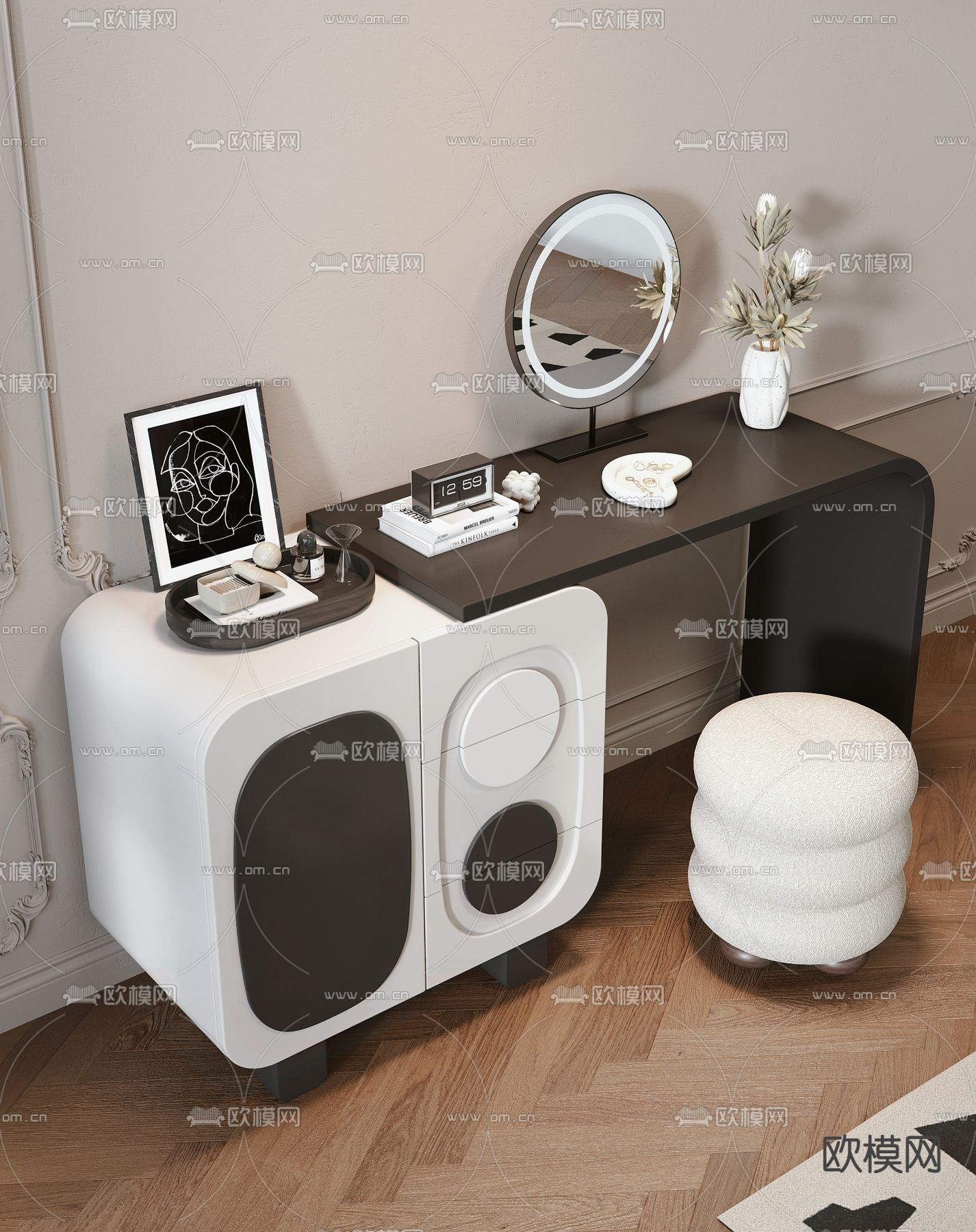 侘寂梳妆台 化妆桌3d模型下载（渲染图2）