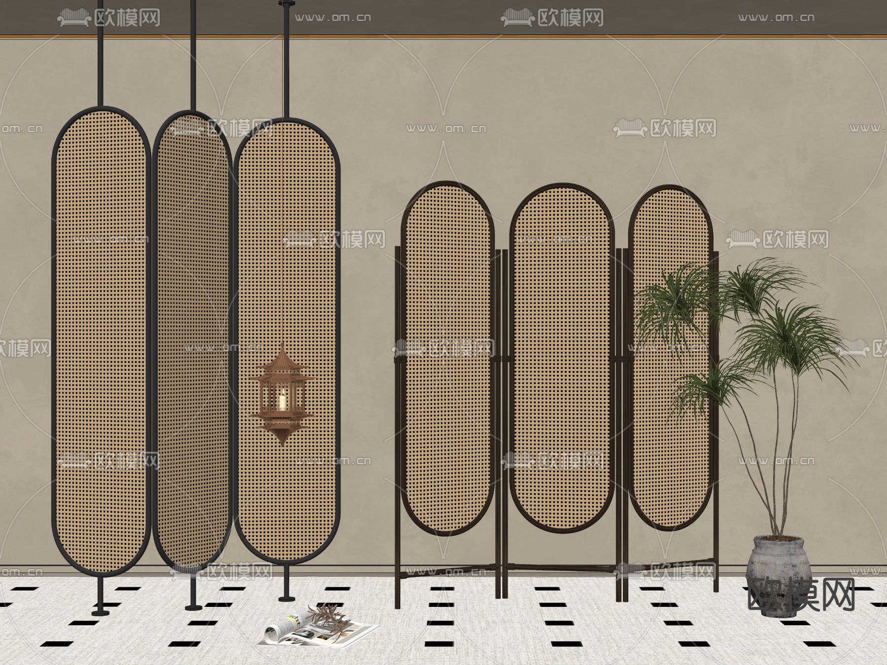 侘寂藤编屏风 隔断su模型下载（渲染图2）