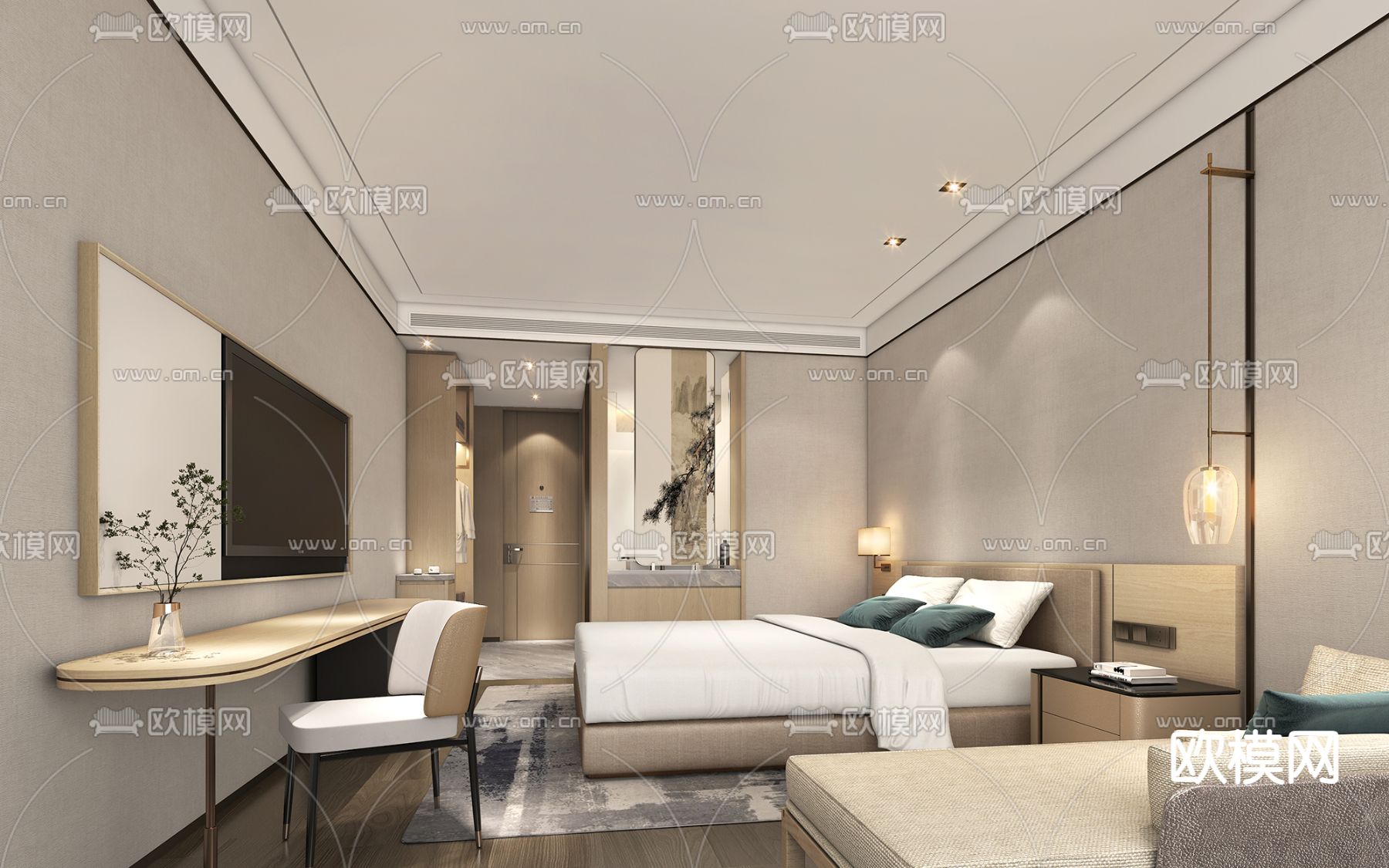 新中式酒店客房su模型下载（渲染图1）