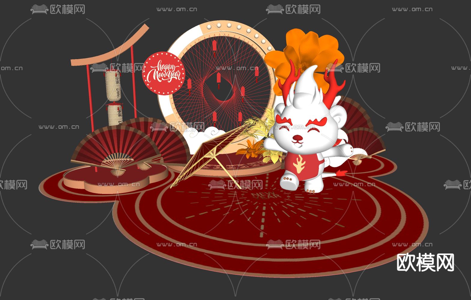 新中式新年美陈 网红打卡 龙年雕塑su模型下载（渲染图2）