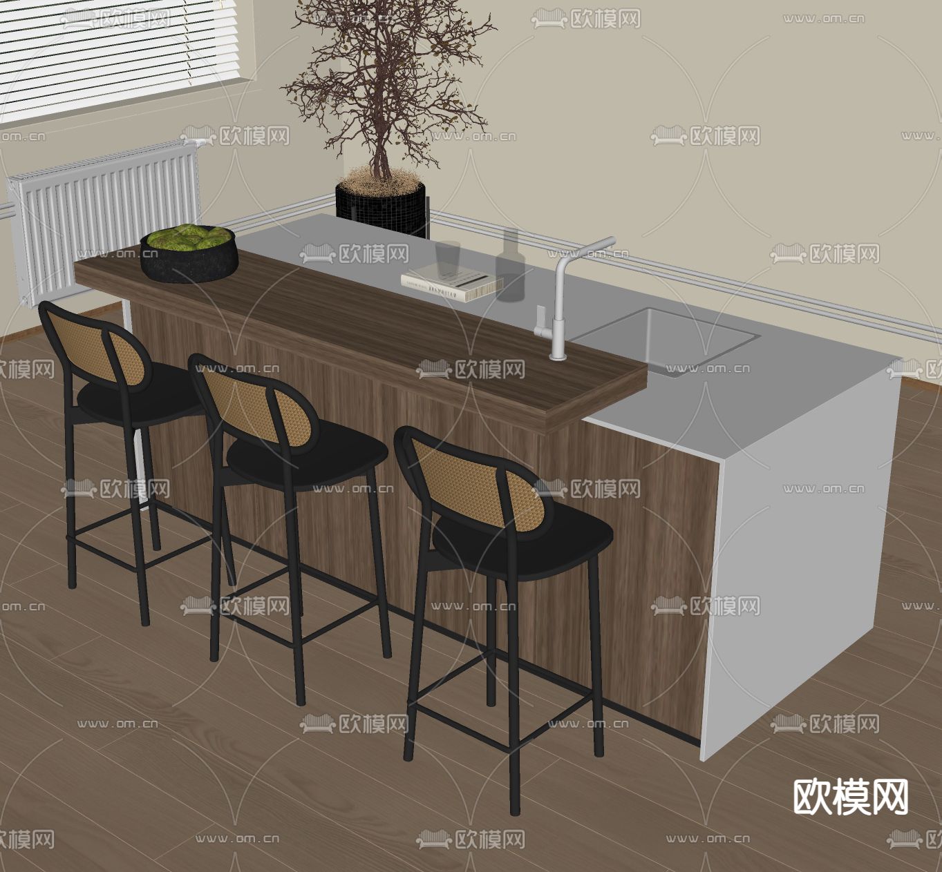 岛台吧台 吧椅su模型下载（渲染图2）