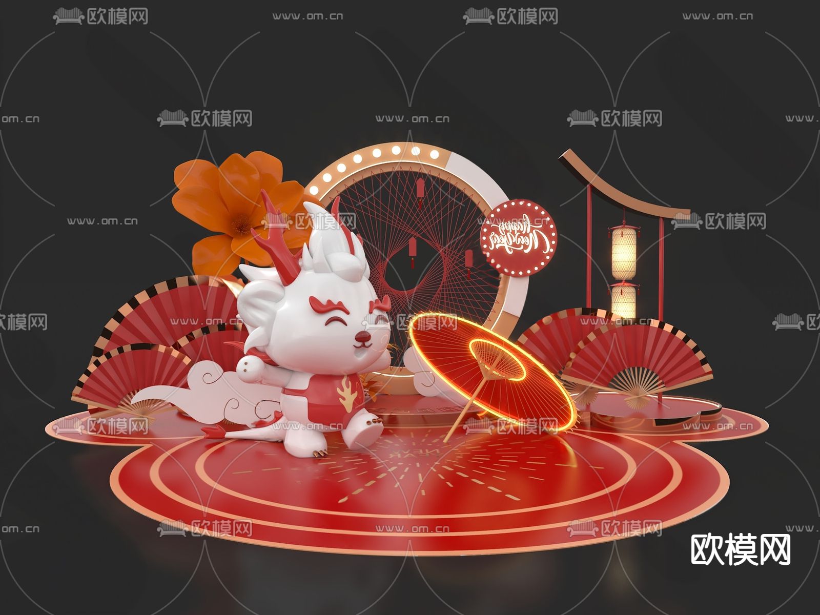 新中式新年美陈 网红打卡 龙年雕塑su模型下载（渲染图1）