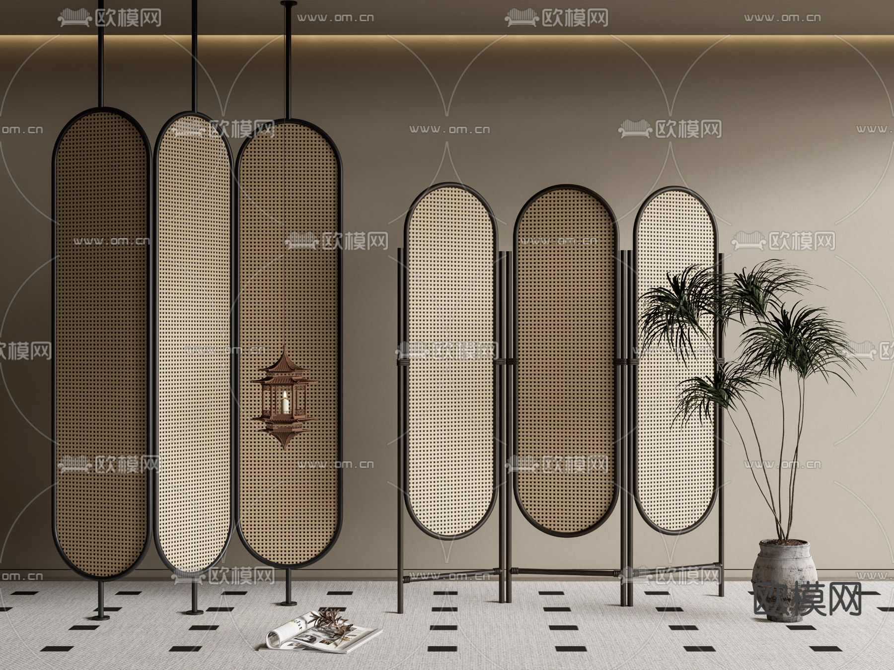 侘寂藤编屏风 隔断su模型下载（渲染图1）