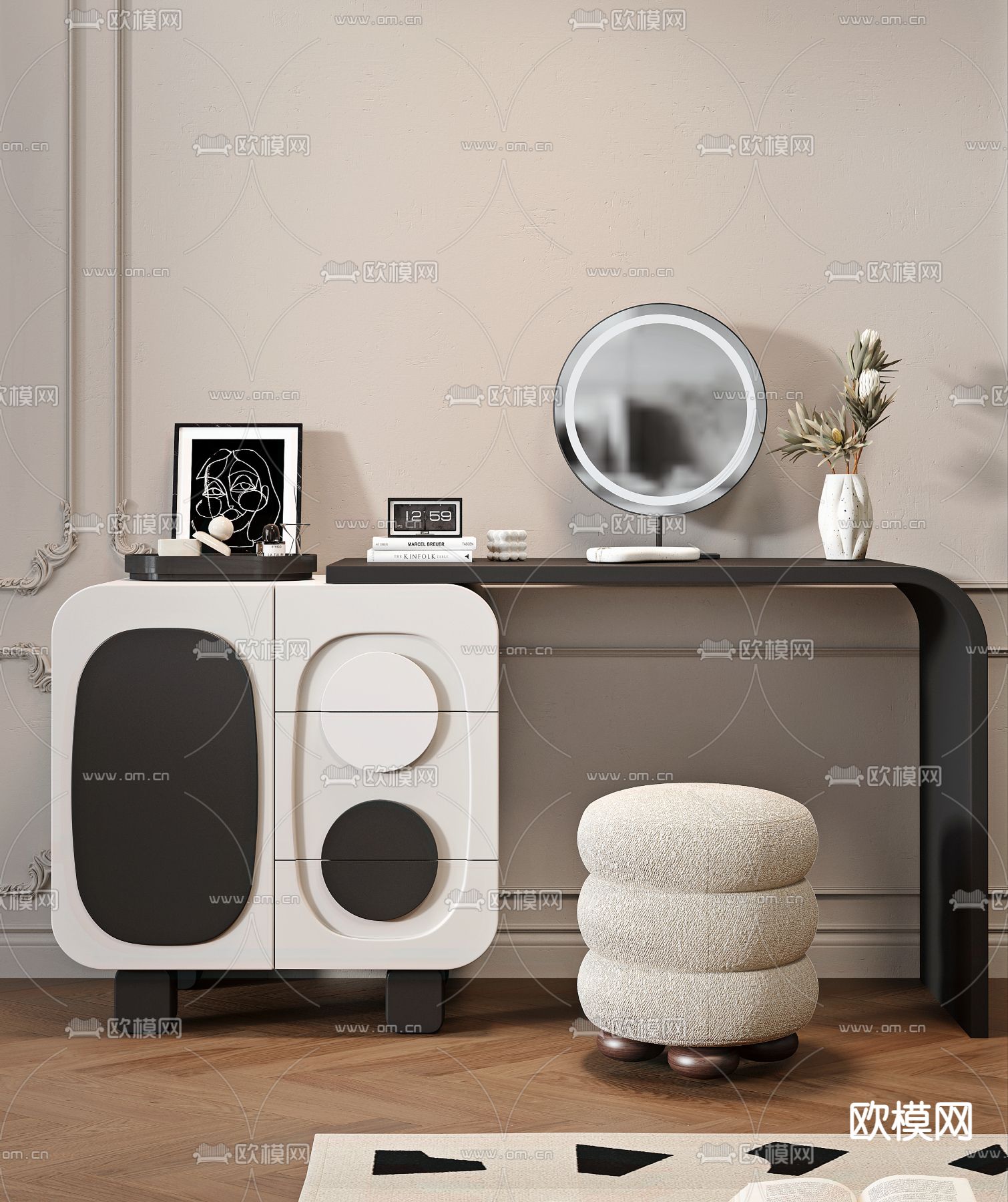 侘寂梳妆台 化妆桌3d模型下载（渲染图1）