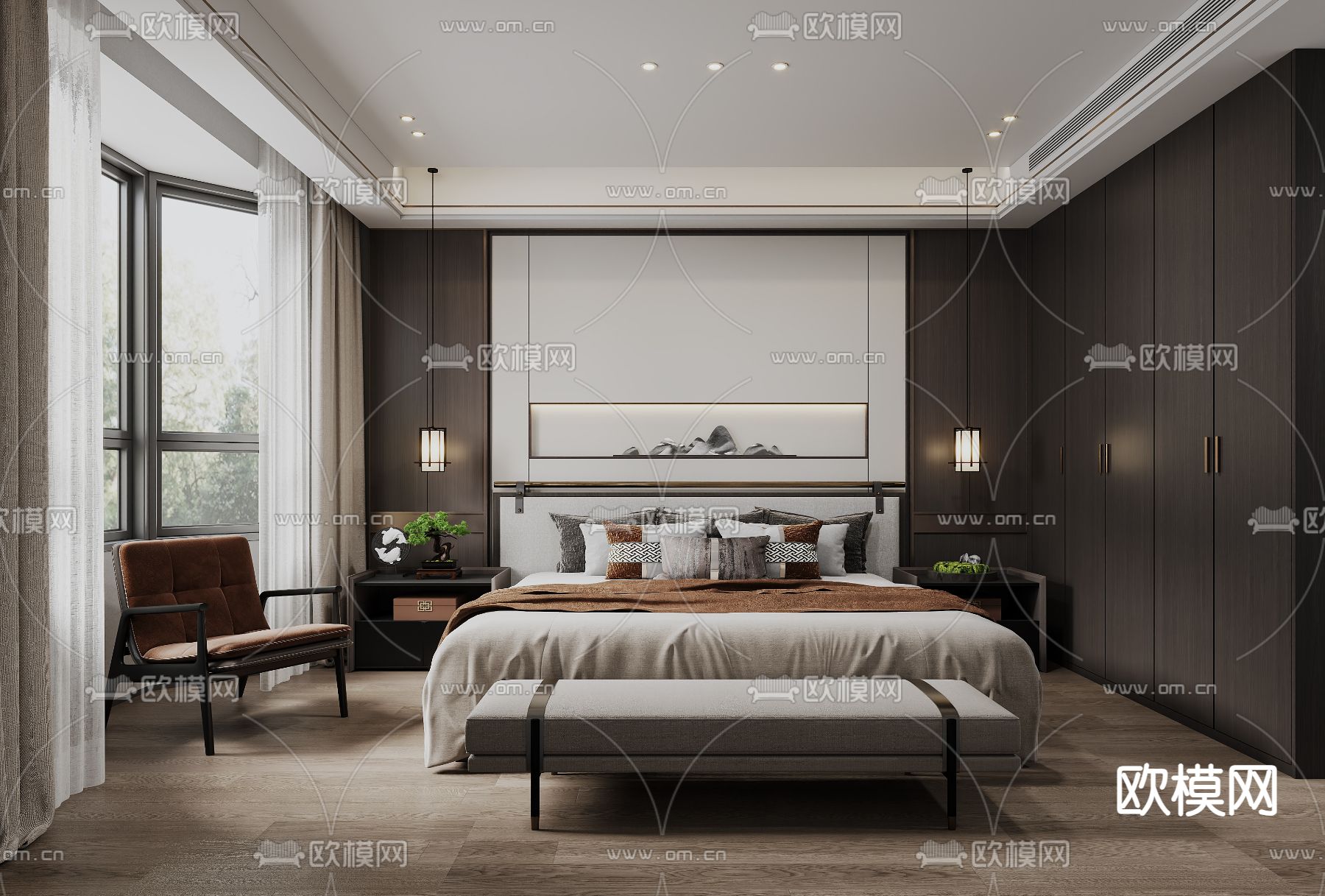 新中式卧室 主人房3d模型下载（渲染图1）