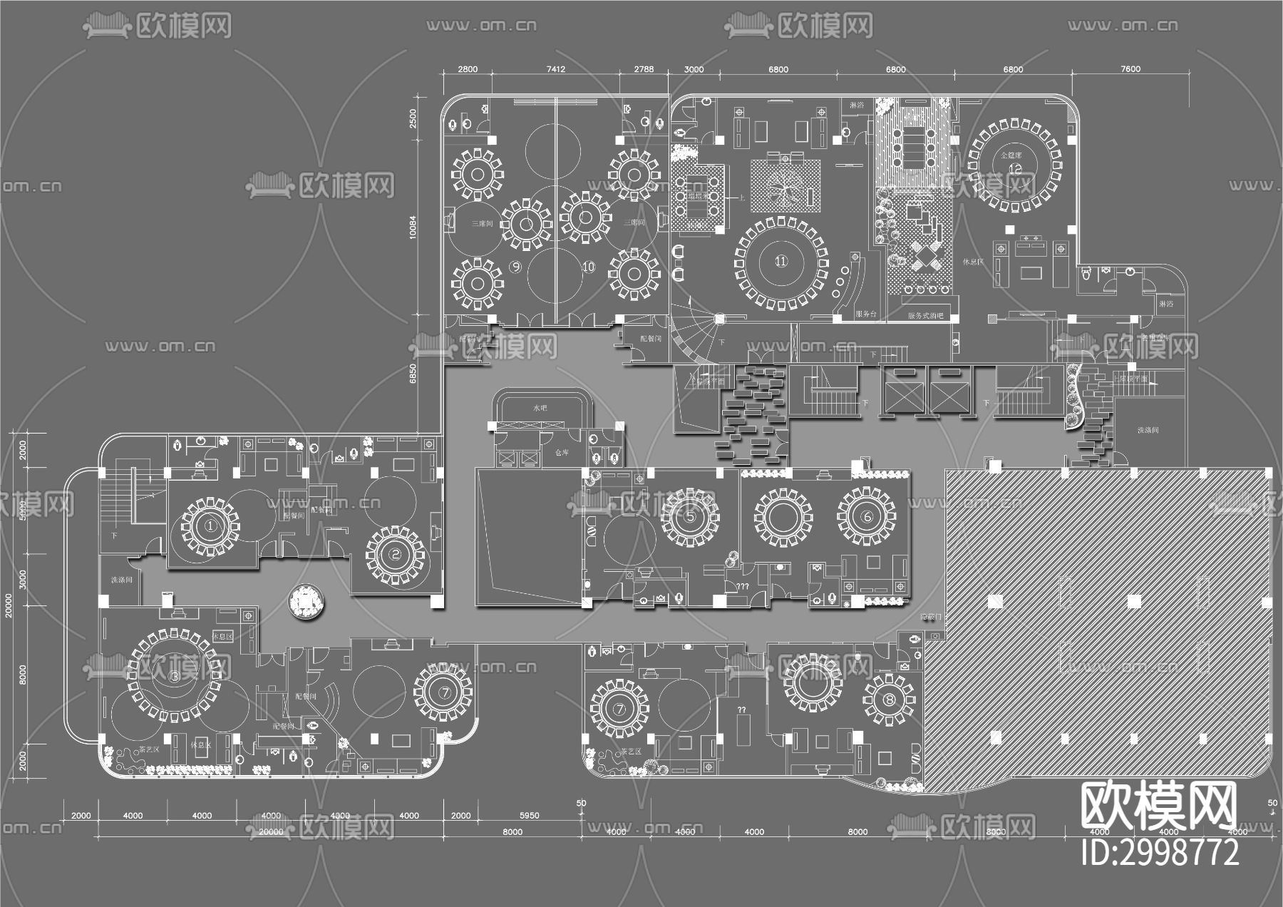 酒店餐厅中式包房cad平面图下载