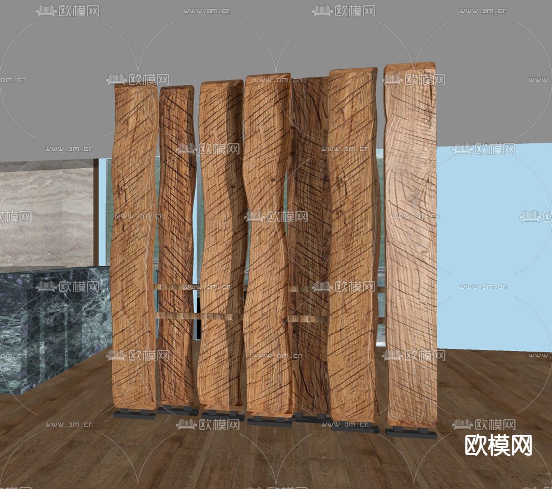 侘寂风木头 屏风 隔断su模型下载（渲染图2）