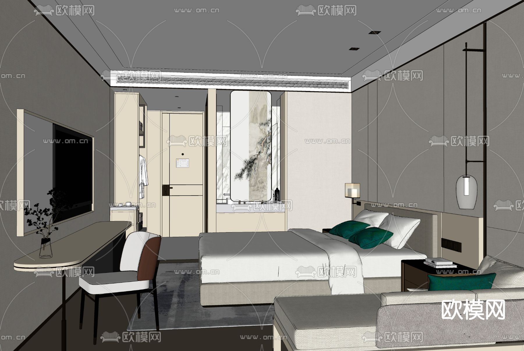 新中式酒店客房su模型下载（渲染图2）