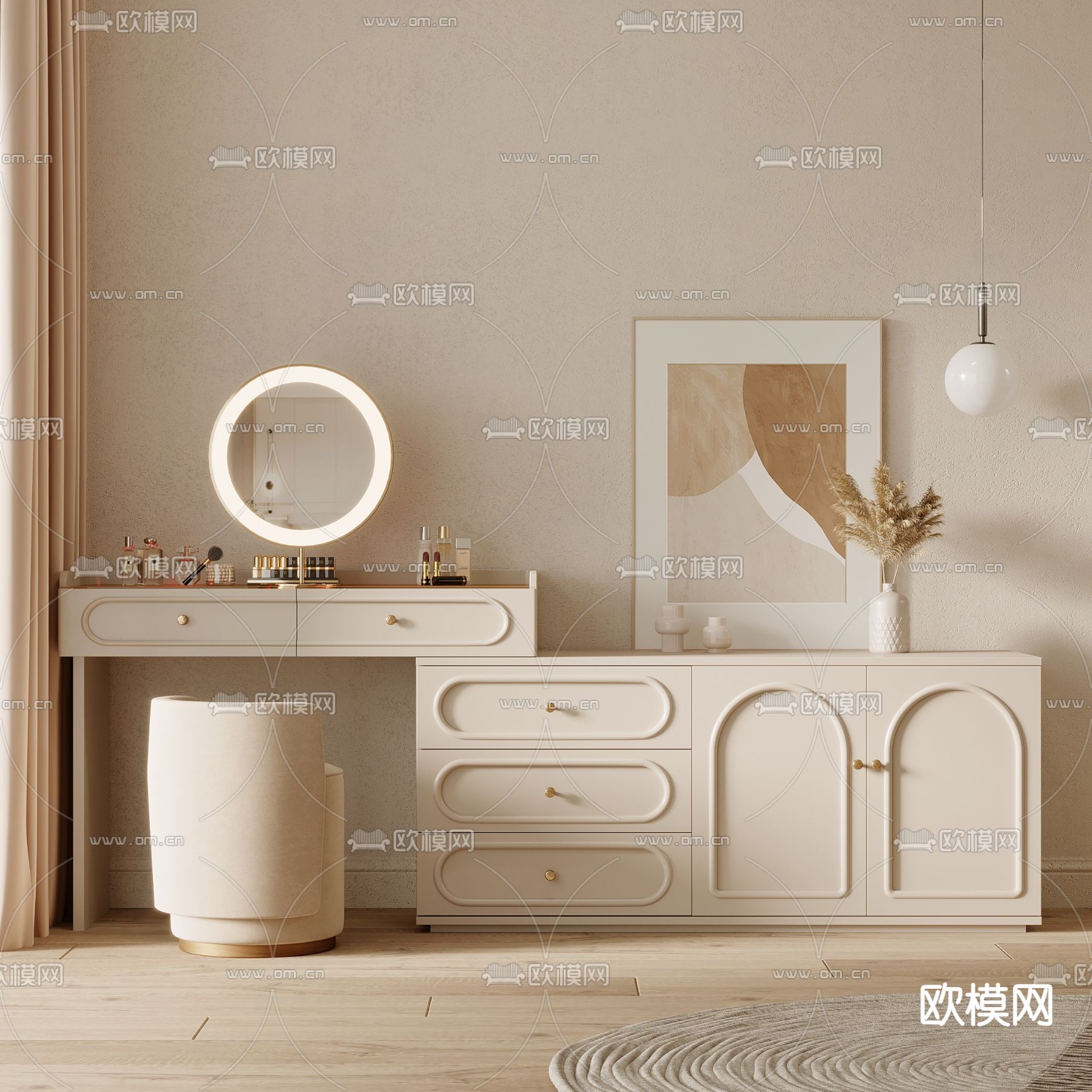 奶油风梳妆台 化妆桌3d模型下载