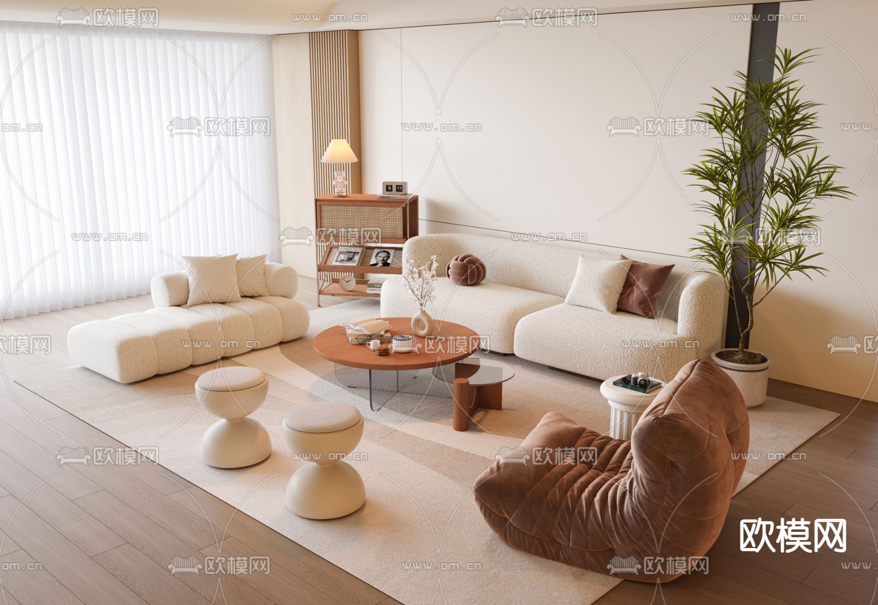 奶油风组合沙发3d模型下载