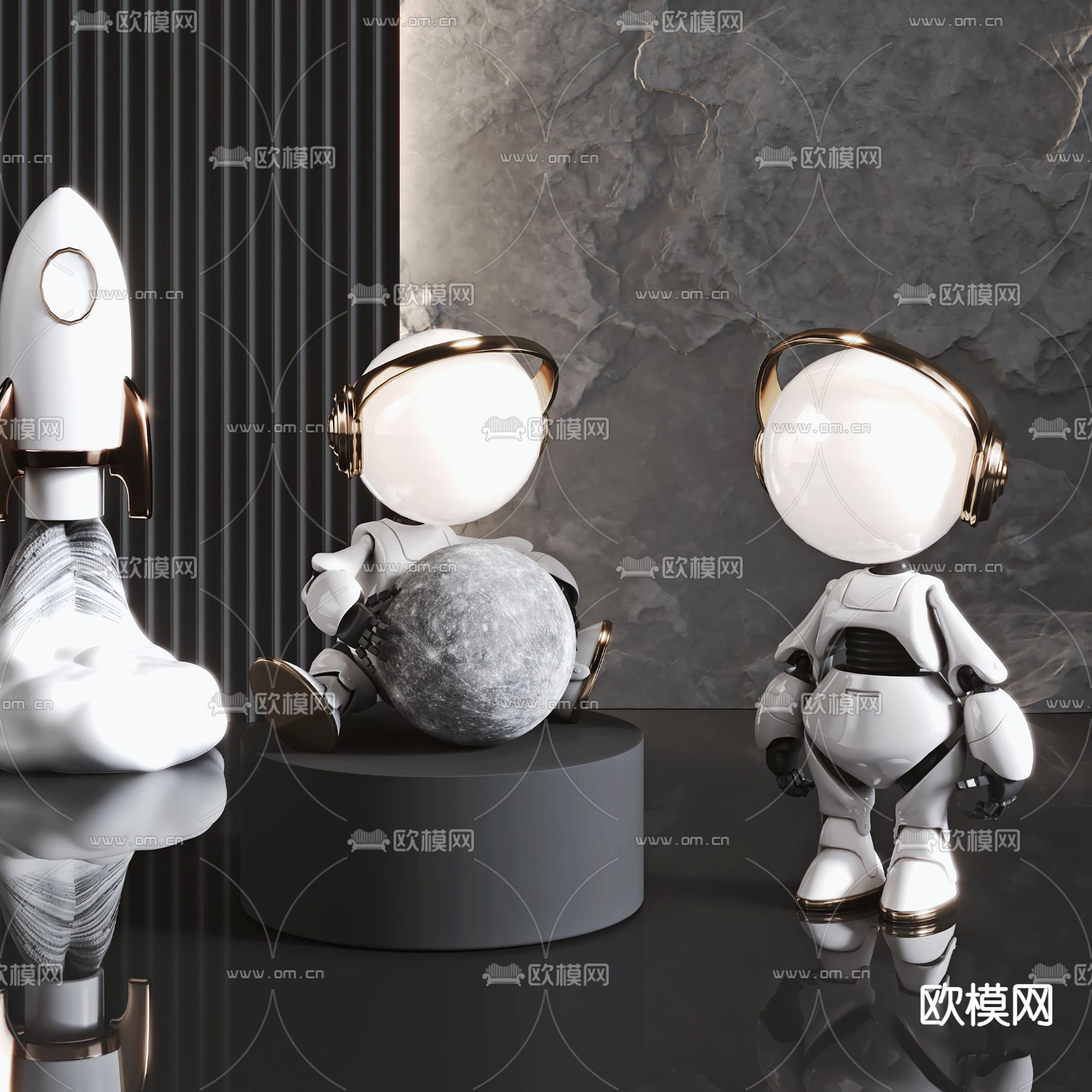 人物潮玩 火箭雕塑 卡通摆件3d模型下载（渲染图1）