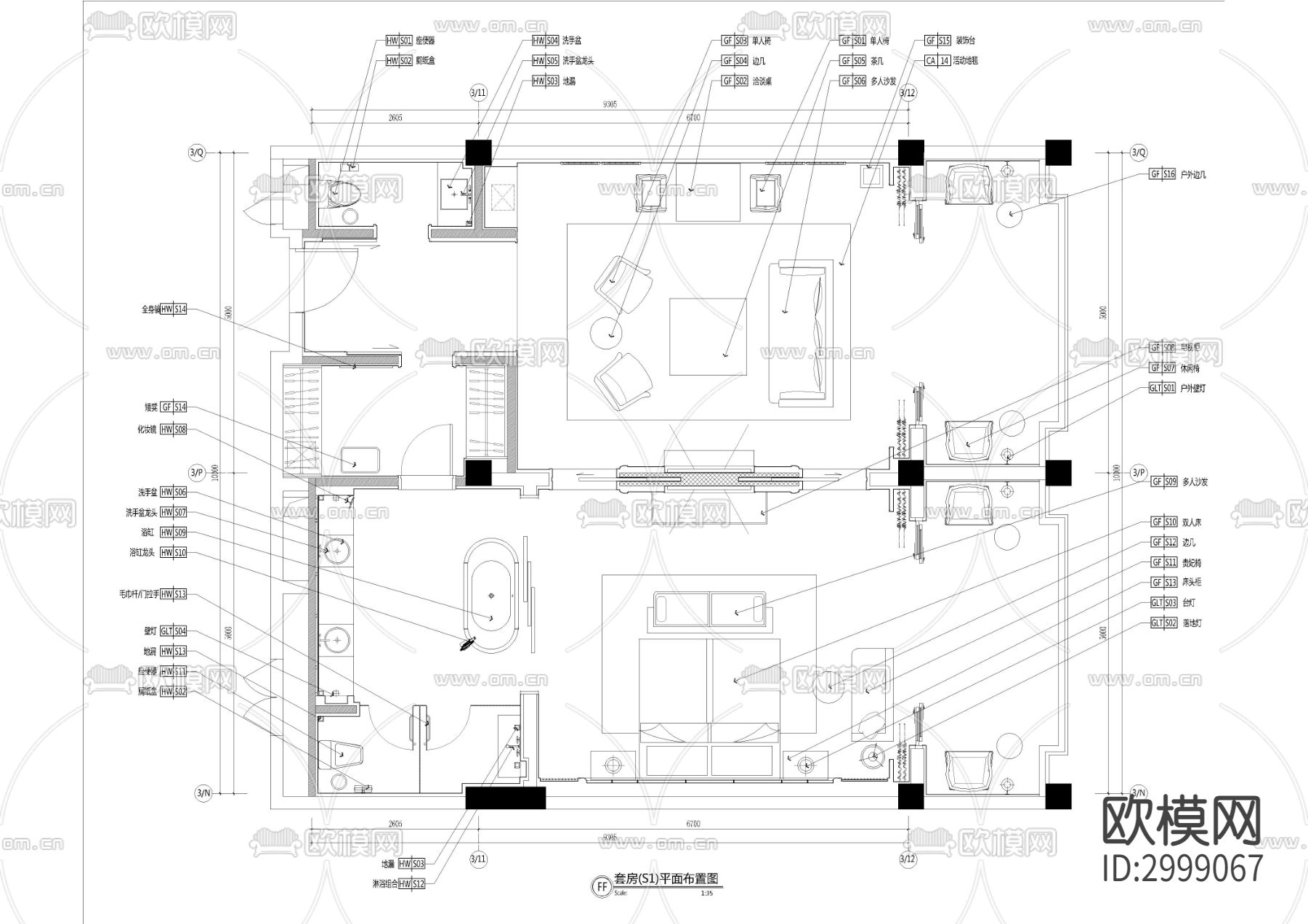 度假酒店客房套房cad施工图下载（渲染图1）