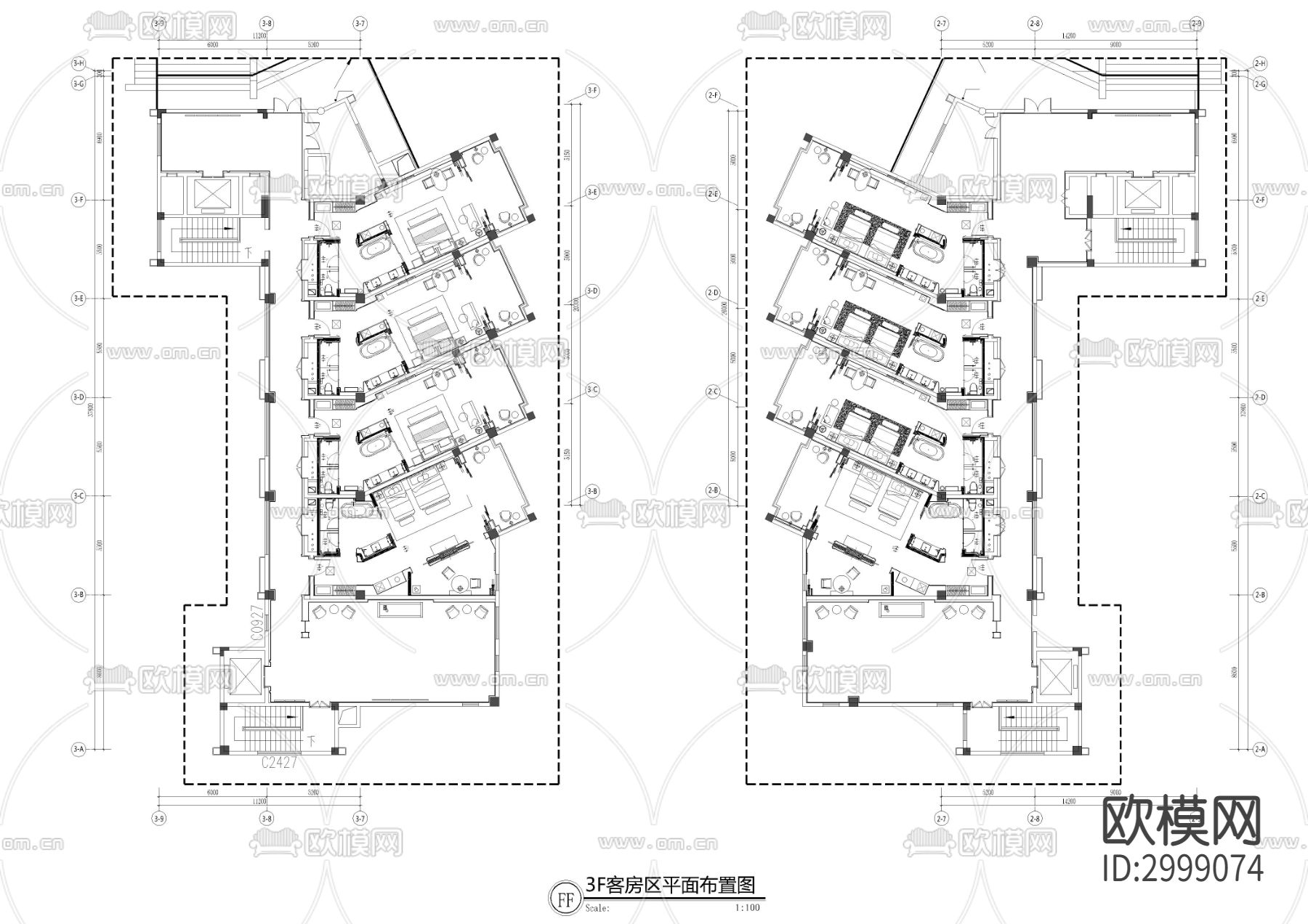 酒店设计客房层cad平面图下载（渲染图2）