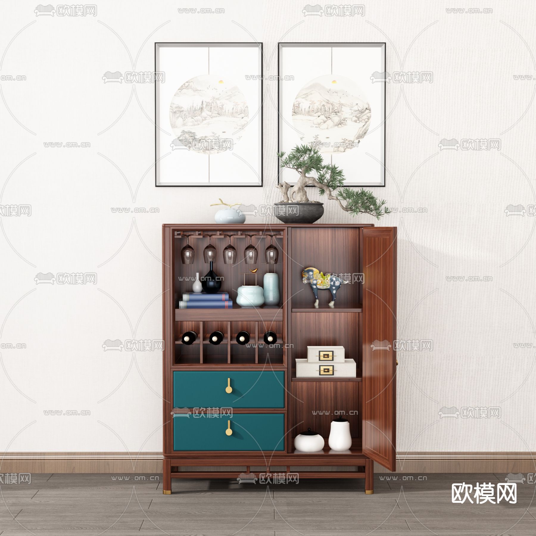 新中式餐边柜3d模型下载