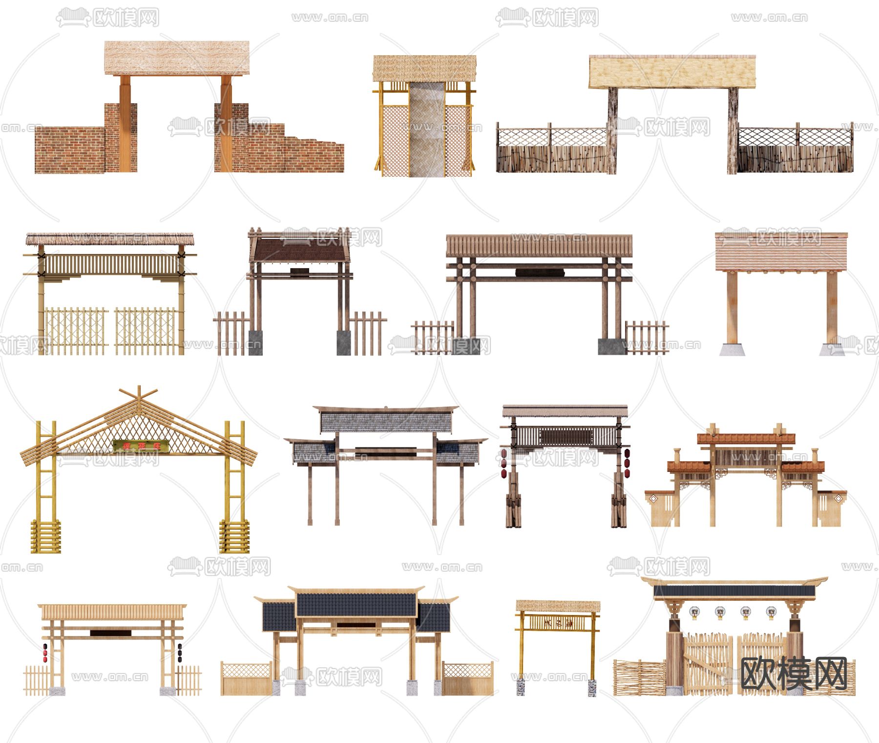 中式庭院门 门头 篱笆墙su模型